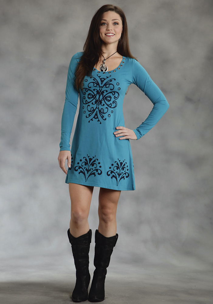 Nwt Roper Womens Dress Western Blue Turquoise Cotton Poly Jersey Dress