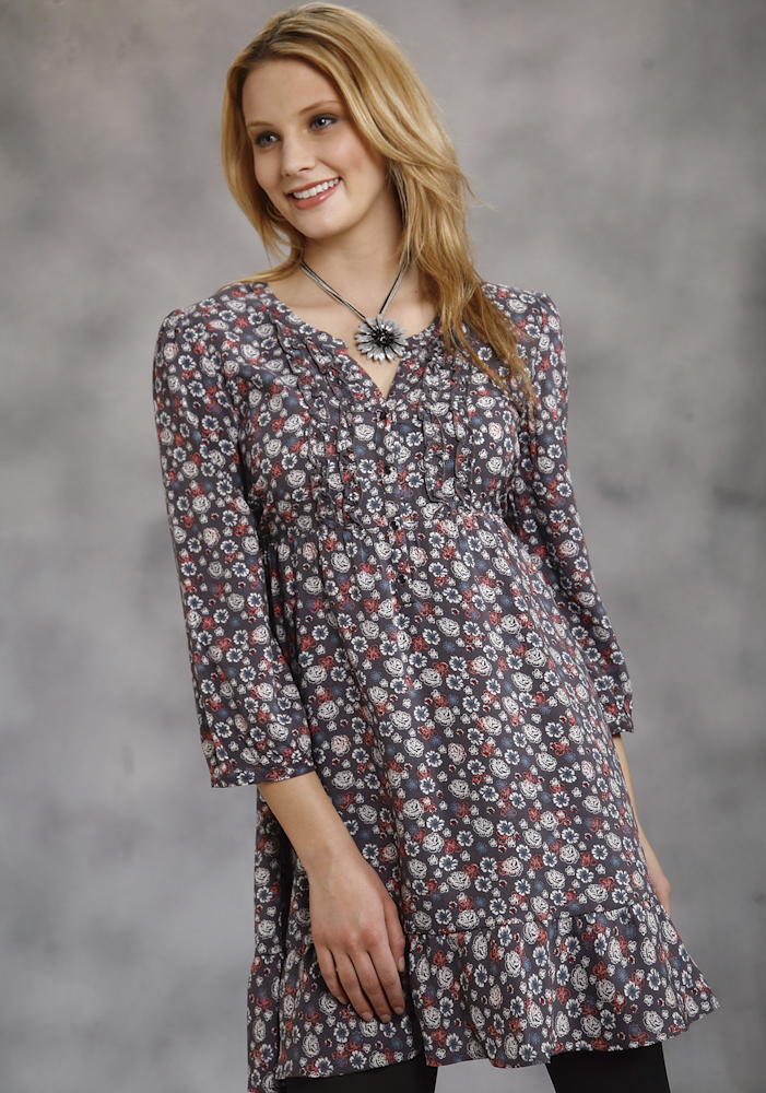 NWT Roper Womens Dress Floral Print Rayon Babydoll Grey Western Prairie 0680 eBay